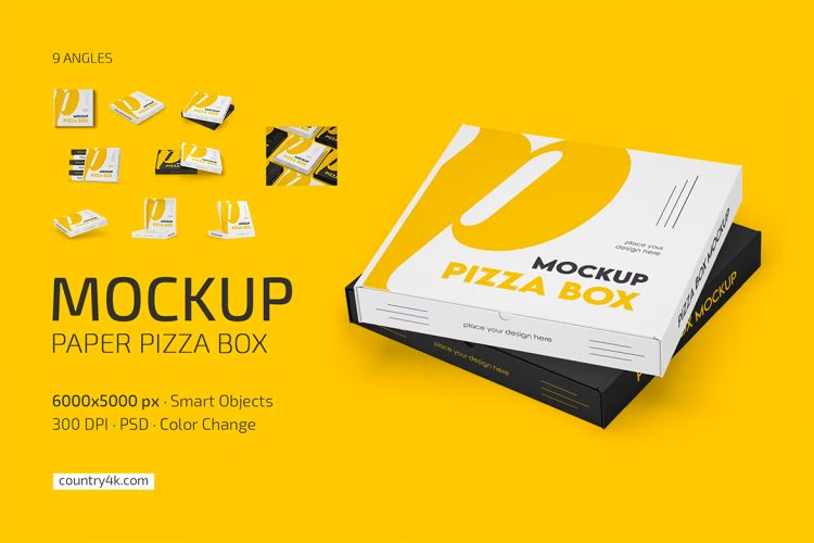 Paper Pizza Box Mockup Set 披萨外卖打包外卖纸盒模型品牌logo标识设计贴图ps样机素材源文件