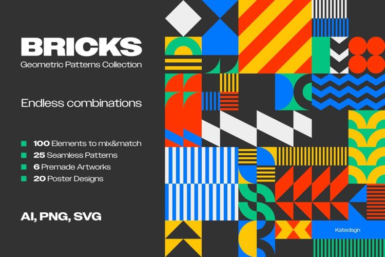 BRICKS-Geometric Pattern Collection 极简时尚潮流撞色抽象艺术几何图形海报图案底纹ai矢量设计素材
