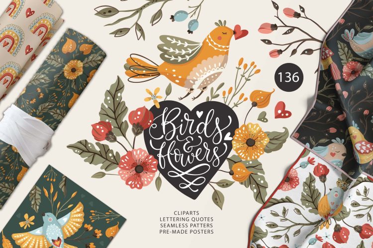 Birds & flowers Spring floral bundle  136张夏季花卉植物鸟类装饰插画墙纸图片