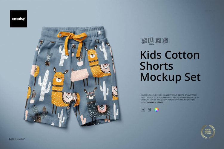 Kids Cotton Shorts Mockup Set 儿童全面运动休闲童装短裤卫裤印花贴图设计ps样机素材展示效果