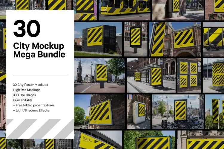 MEGA BUNDLE – CITY POSTER MOCKUPS  30款城市街头户外广告灯箱海报设计贴图ps样机素材场景展示效果