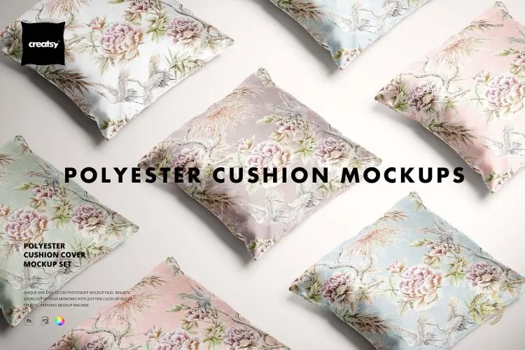 Polyester Cushion Cover Mockup Set 正方形轻奢真丝靠枕靠垫抱枕图案印花设计贴图ps样机素材展示效果