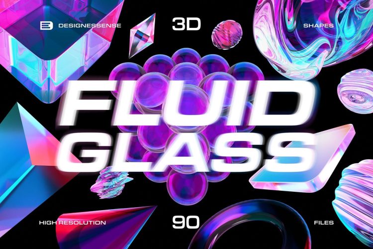 Fluid Glass 3D Shapes  90款3D科幻艺术玻璃水晶抽象几何晶体渐变png免抠高清图片素材
