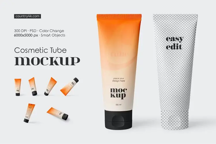 Cosmetic Tube Mockup Set 软管化妆护肤品挤压管瓶模型品牌logo标识设计贴图ps样机素材源文件