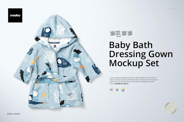 Baby Bath Dressing Gown Mockup Set 珊瑚绒婴儿宝宝儿童浴袍睡衣睡袍印花图案设计ps样机素材展示效果