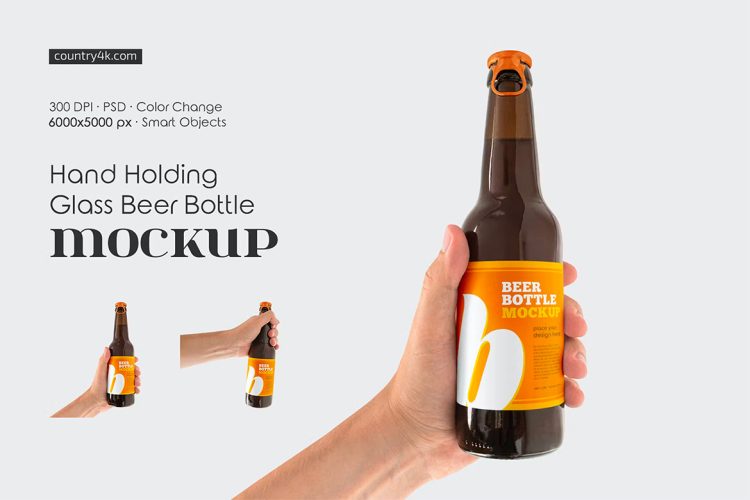 Hand Holding Amber Glass Beer Bottle Mockup Set 手持琥珀色玻璃啤酒瓶模型品牌包装设计贴图ps样机素材源文件