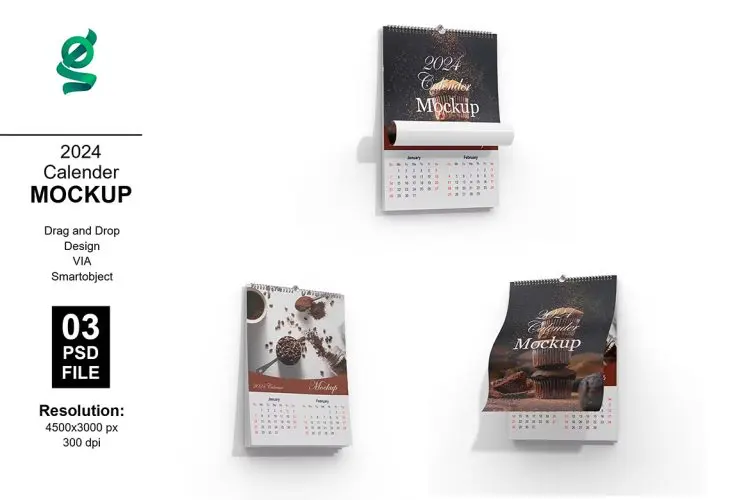 2024 Calender Mockup  2024年日历挂历模型展示设计贴图ps文具样机素材模板