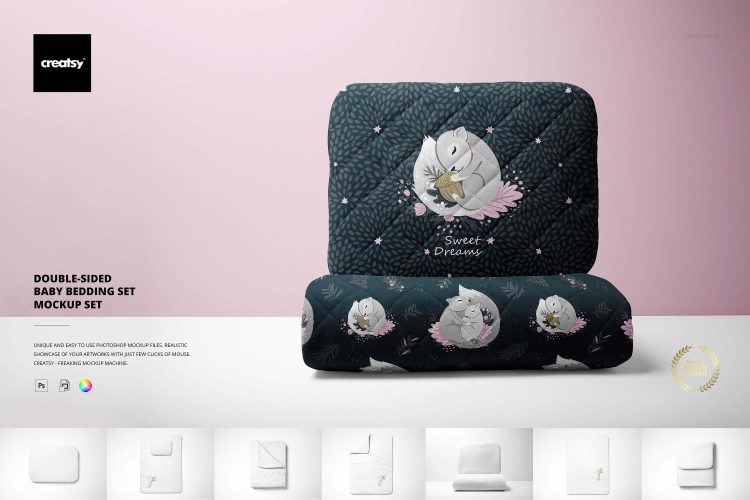 Double-sided Baby Bedding Set Mockup 婴儿宝宝被子盖毯毛毯床上用品图案设计贴图ps样机素材展示模板