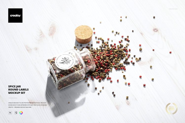 Spice Jar Round Labels Mockup Set  4款透明玻璃香料密封罐子包装设计贴图ps样机素材展示效果模板