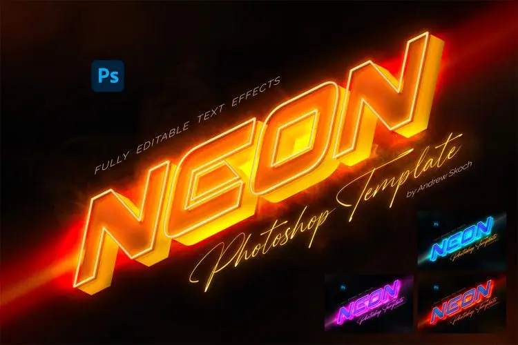 Neon Text Effect 霓虹灯发光文本等距字母效果ps特效样机素材源文件
