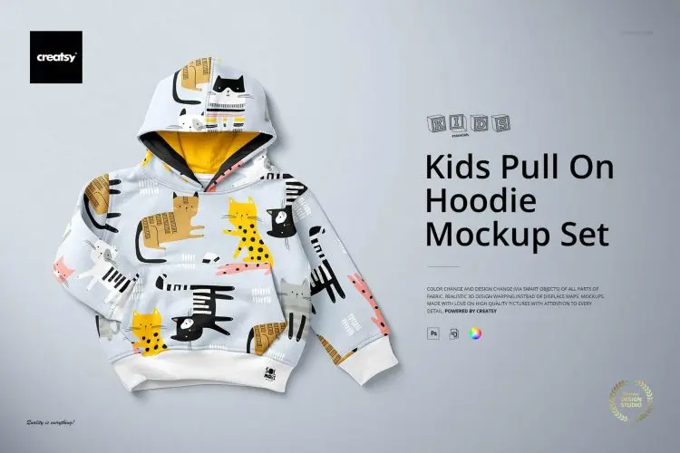 Kids Pull On Hoodie Mockup Set 儿童休闲运动连帽衫上衣卫衣童装样机ps设计贴图素材展示效果模板