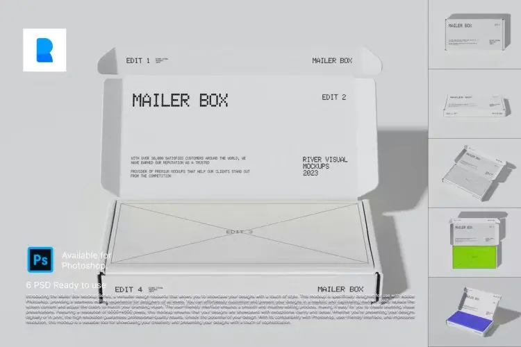 Mailer Box Packaging Mockup  6款时尚办公用品邮件产品包装纸盒外观设计展示效果图PSD样机模板