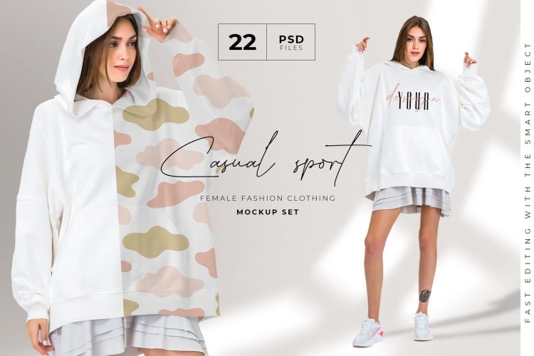 Oversize Hoodie Mockup Templates 潮牌宽松oversize女装长袖连帽卫衣logo图案设计贴图ps样机素材