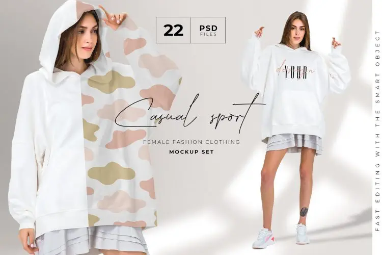 Oversize Hoodie Mockup Templates 潮牌宽松oversize女装长袖连帽卫衣logo图案设计贴图ps样机素材