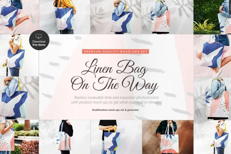 Linen Bag On The Way Mockups Bundle  10款文艺手提单肩帆布包印花图案设计贴图ps样机素材展示效果模板