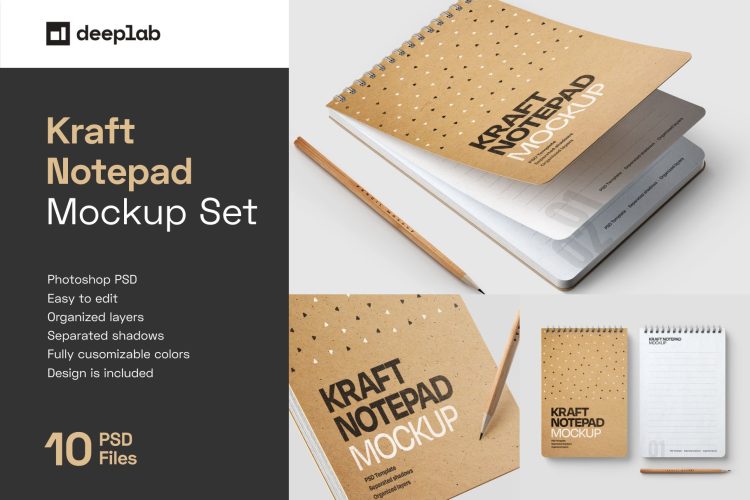 Kraft Notepad Mockup Set 竖版上翻圈装记事本笔记本文具vi设计贴图ps样机素材展示效果模板