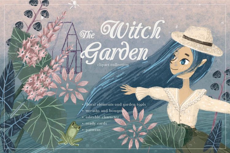 Witch Garden. Clipart set 自然植物花园花卉水彩绘画艺术手绘人物插画png免抠图片设计素材