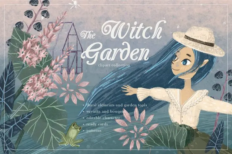 Witch Garden. Clipart set 自然植物花园花卉水彩绘画艺术手绘人物插画webp免抠图片设计素材
