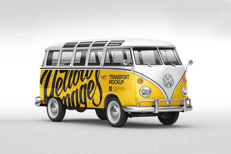 volkswagen transporter t1 mockup 大众复古T1小型面包车巴士车身广告设计贴图ps样机素材展示效果