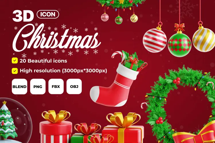 Christmas Time 3D Icon Set  20款趣味卡通3D圣诞节礼物美食装饰甜品插图插画webp免抠图片素材