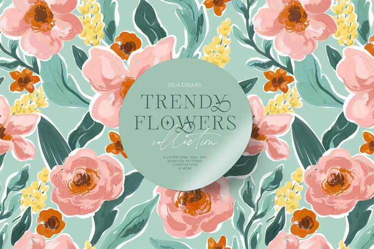 Trendy Flowers Collection 复古时尚水彩手绘花环植物花卉花束图案插图插画png免抠图片素材