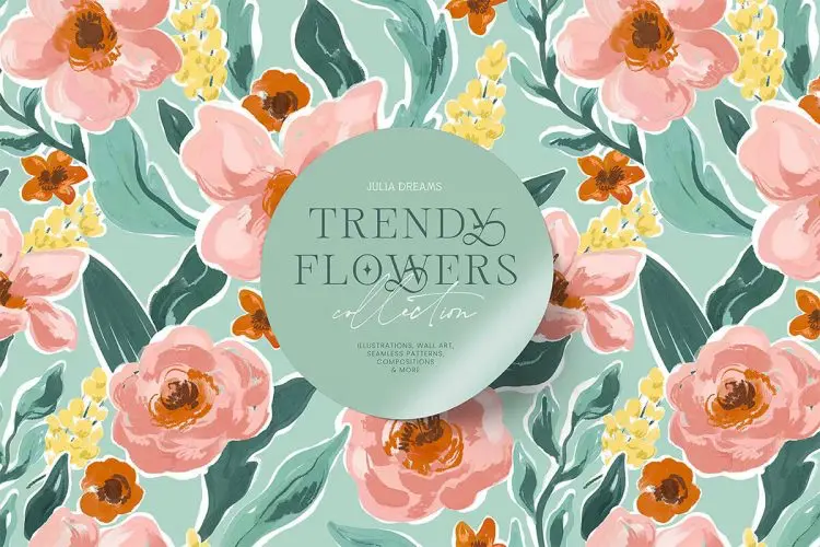 Trendy Flowers Collection 复古时尚水彩手绘花环植物花卉花束图案插图插画webp免抠图片素材