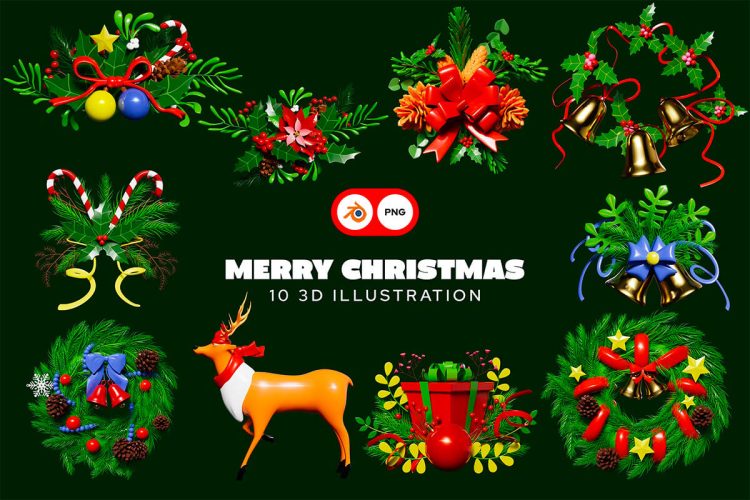 Merry Christmas 3D Illustration Pack 50款3D趣味卡通圣诞节雪人礼物老人装饰插图插画png免抠图片素材