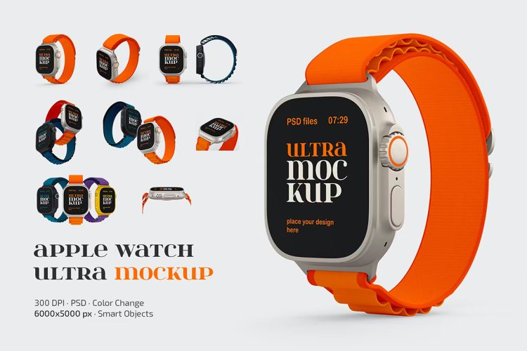 Apple Watch Ultra Mockup Set  8款iWatch苹果Ultra智能手表广告UI界面设计ps样机素材展示效果图