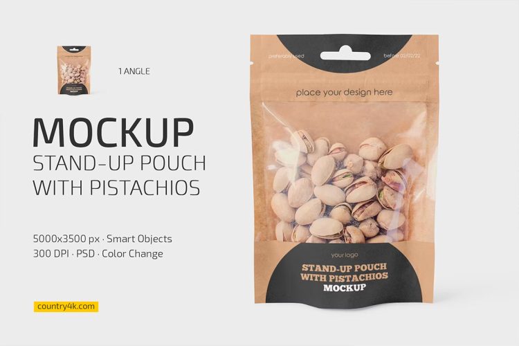 Kraft Stand-Up Pouch with Pistachios Mockup 开心果坚果零食铝箔自立袋产品包装样机展示素材