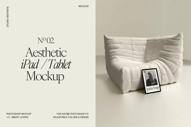 Aesthetic iPad Tablet Mockup No 02 靠在沙发啥的iPad平板电脑模型设计作品屏幕贴图ps样机素材