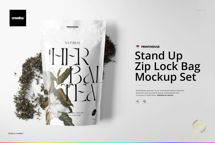 Stand Up Ziplock Bag Mockup Set  8款极简质感站立式塑料铝箔自封袋食品茶叶零食包装袋外观设计展示PSD样机套装