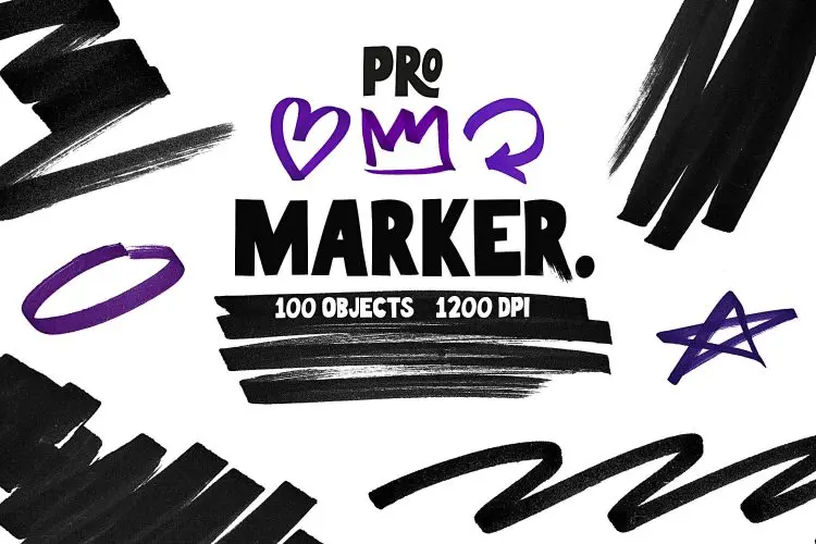 Pro Marker Object Pack  100款复古抽象手绘涂鸦笔迹笔画粗记号笔马克笔圆圈数字形状图形标记图标高清扫描PNG免扣设计套装