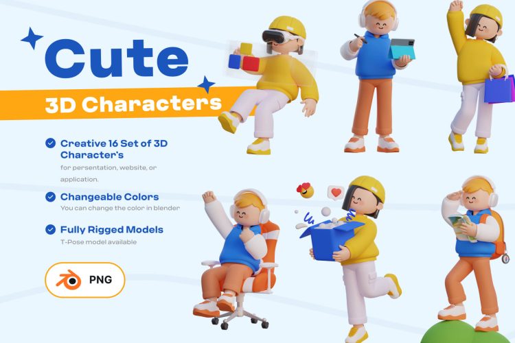 Cute 3D characters  16款可爱卡通创意3D立体人物插图图标Icons设计素材包