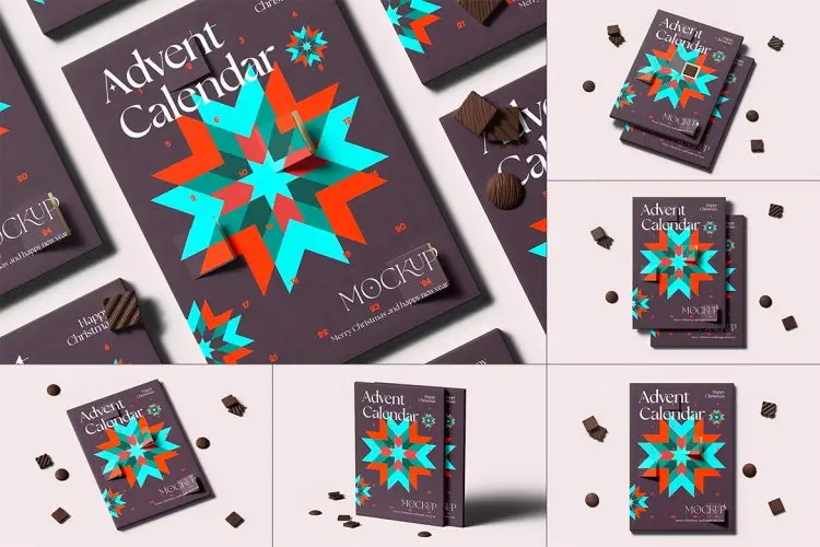 Advent Calendar Mock-up  6款惊喜日历盲盒巧克力纸盒产品包装设计ps样机素材展示效果图