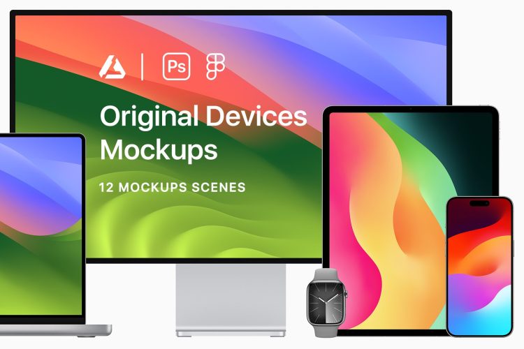 12 Original Devices Mockups – 2024 全新苹果设备MacBook笔记本iMac一体机电脑iPhone 15手机iPad平板iWatch手表屏幕演示样机模板