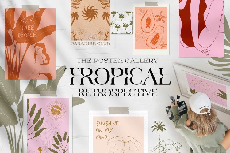 Tropical Retrospective Poster 热带海滩旅行度假女性时尚手绘插画图案艺术海报设计ai素材源文件