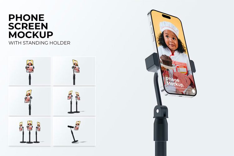 Phone Mockup With Standing Holder 立式支架上的苹果手机模型屏幕ui用户界面展示设计贴图ps样机素材