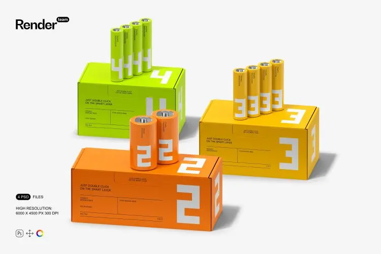 Battery Packaging Mockup Set 4款2号5号7号电池纸盒时尚产品包装设计贴图ps样机素材展示效果图