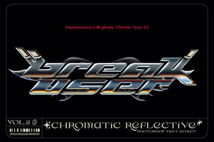 Y2K Glossy Chrome Type FX – Photoshop Text Effect 复古潮流Y2K金属镀铬酸性3D文本字母标题ps特效样机素材