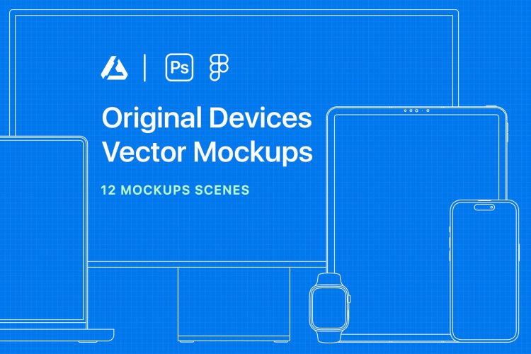 12 Line & Fill Devices Mockup – 2024  12款苹果全系列智能数码产品ui界面设计作品贴图线框ps样机素材