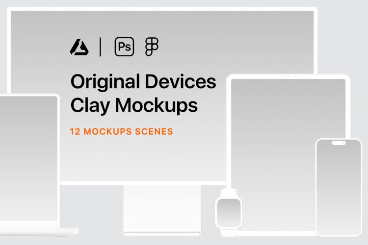 12 Clay Devices Mockups – 2024  12款款单色iPhone平板电脑手表笔记本显示器UI作品展示ps样机素材