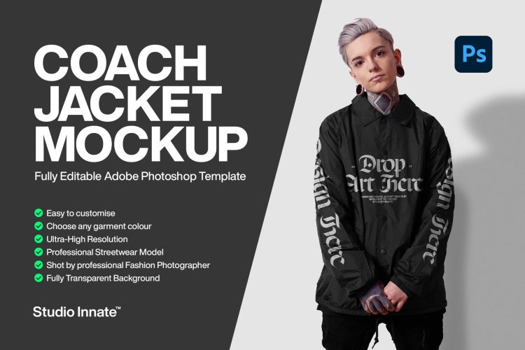 Coach Jacket Mockup – Modelled  5款网红潮人模特教练夹克外套上衣服装设计ps样机素材展示效果图