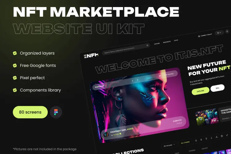NFT marketplace – UI kit  80屏暗黑NFT虚拟物品在线交易平台网站界面设计Figma模板套件