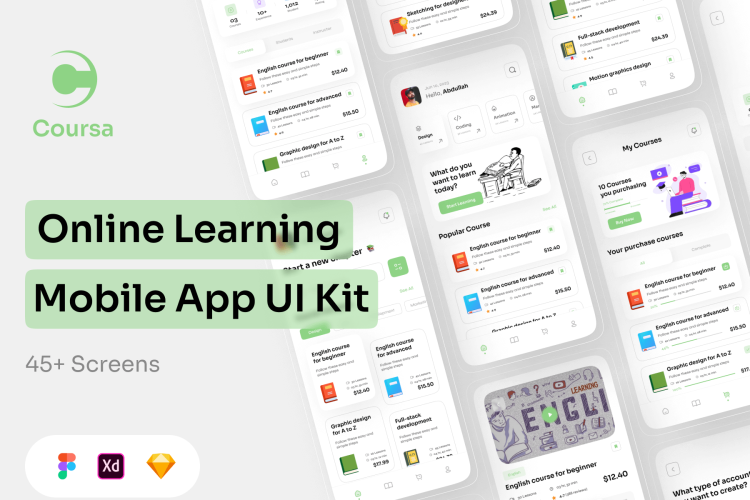 Coursa – Online Learning Mobile App UI Kit  45屏国外在线教育移动网课学习app用户界面设计ui套件模板