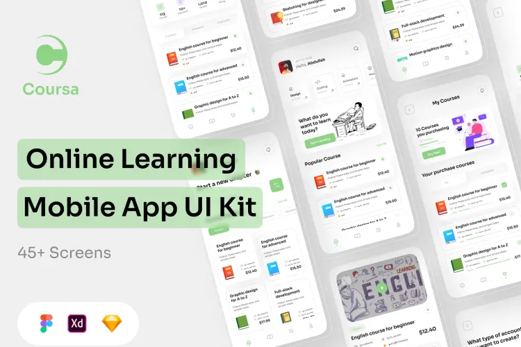Coursa – Online Learning Mobile App UI Kit  45屏国外在线教育移动网课学习app用户界面设计ui套件模板