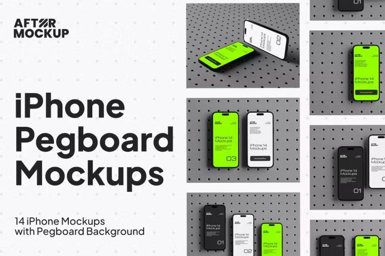 iPhone Pegboard Mockups  14款工业风带钉板背景苹果iPhone 15 Pro手机屏幕演示贴图PSD样机模板