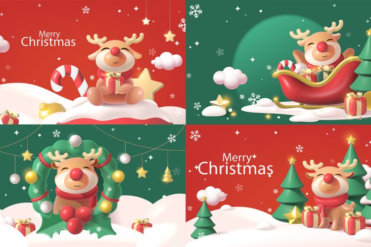 Christmas Banners  10款圣诞节趣味3D可爱卡通麋鹿雪人圣诞树下雪场景AI矢量插画海报背景设计源文件