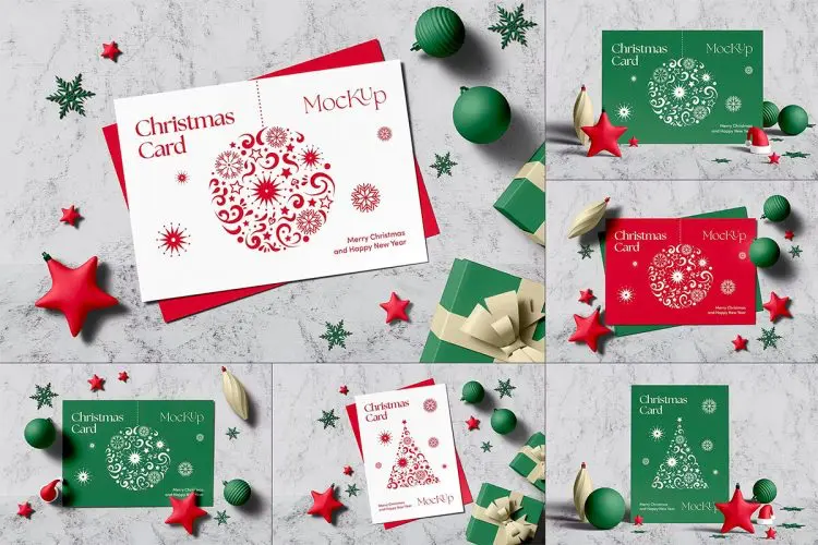 Christmas Card Mock-up  6款圣诞节装饰节日贺卡单页海报卡片设计ps样机素材展示效果图