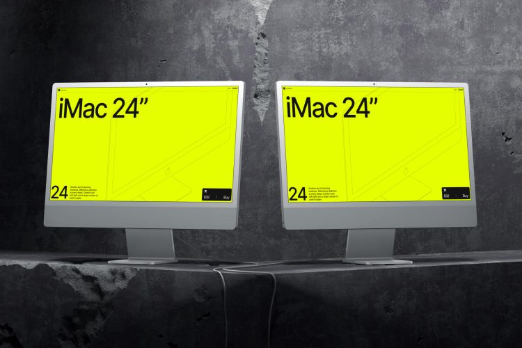 G-Mockups iMac 24 Inch  16款工业风混凝土背景苹果iMac 24寸一体机电脑屏幕演示PSD样机模板