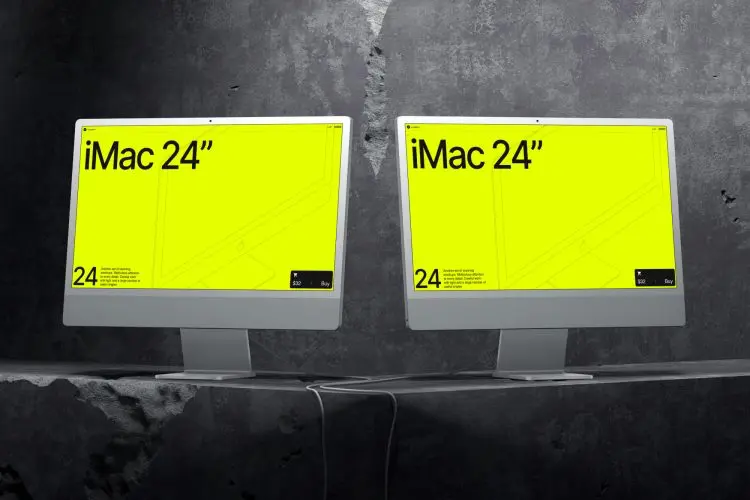 G-Mockups iMac 24 Inch 16款工业风混凝土背景苹果iMac 24寸一体机电脑屏幕演示PSD样机模板